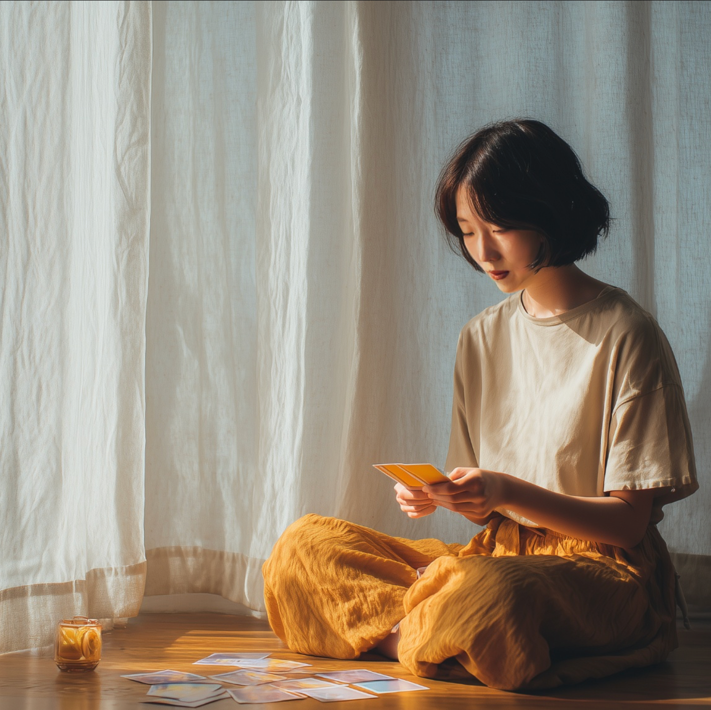 Woman sitting in a calm sunlit room, drawing ritual cards from a personal deck on the floor, practicing a TCM-inspired self-care routine.